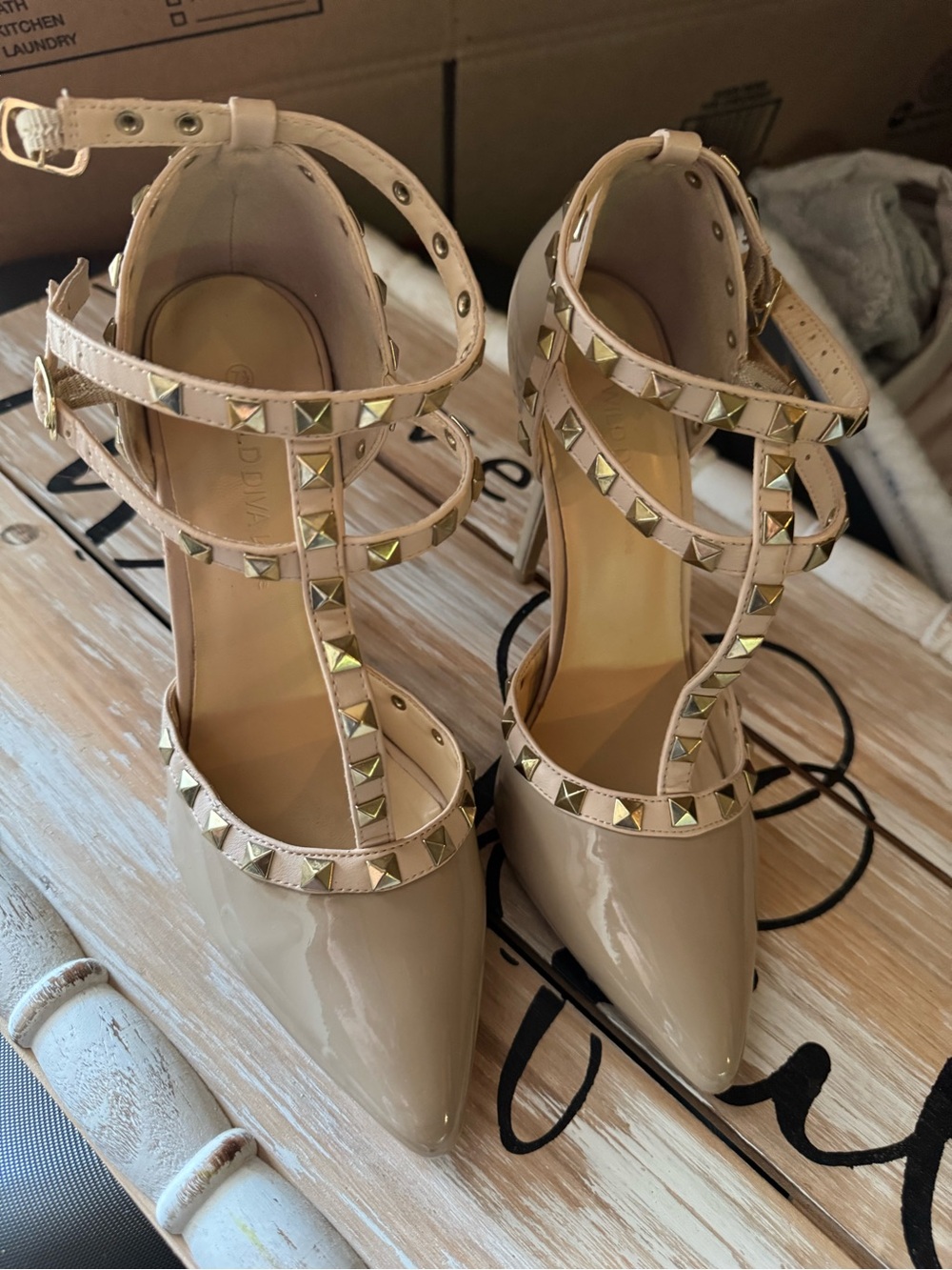 Studded Patent Pointed-Toe Strappy Heels - Nude